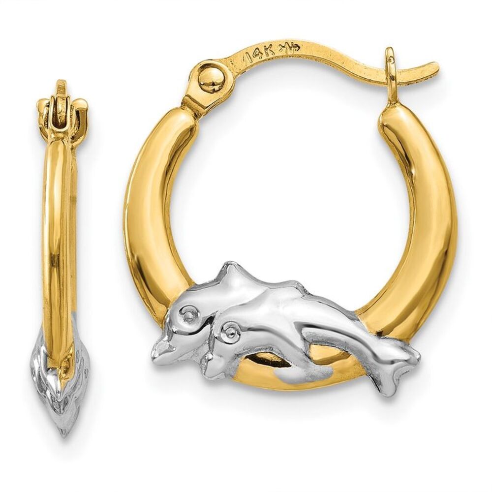 10k Yellow Gold & Rhodium Dolphin Hoop Earrings - image 1